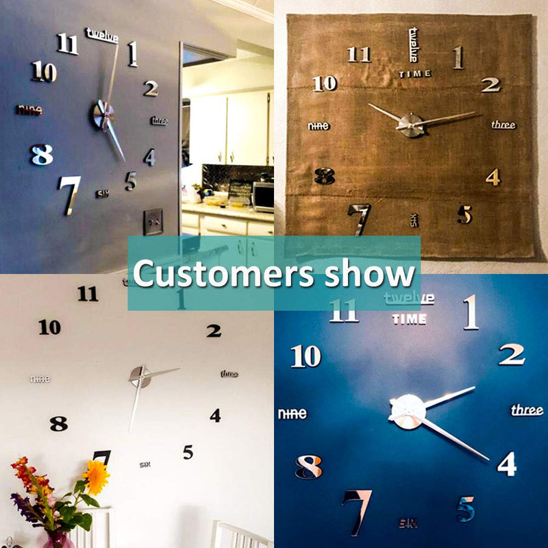 [Australia] - Mintime Modern Frameless DIY Wall Clock Large 3D Wall Watch Mirror Numbers for Home Office Decorations Silver-002 