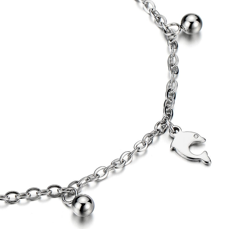 [Australia] - COOLSTEELANDBEYOND Stainless Steel Anklet Bracelet with Dangling Charms of Dolphins and Beads 