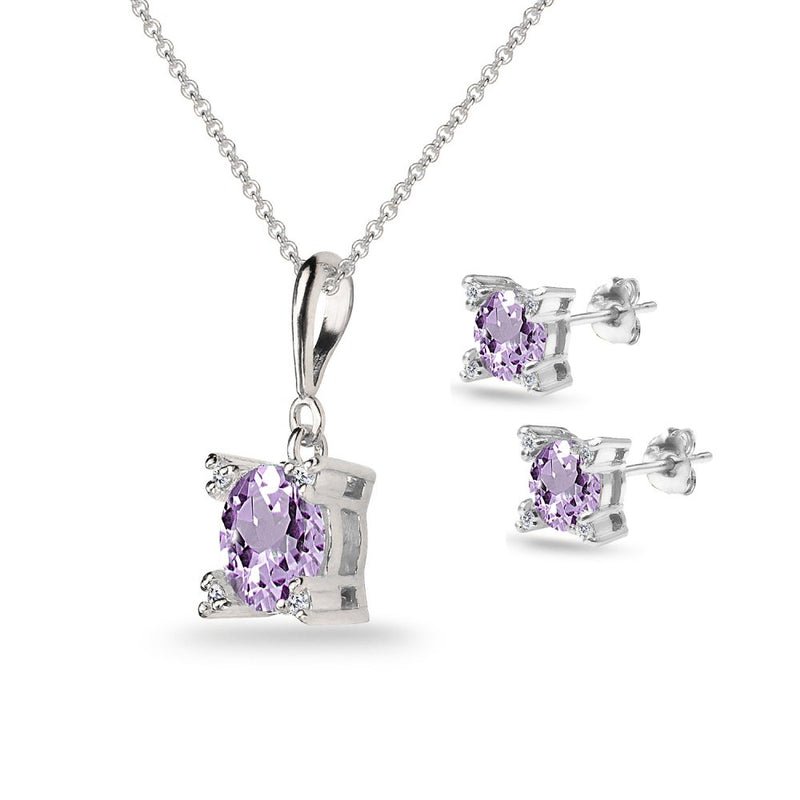 [Australia] - Sterling Silver Genuine or Synthetic Gemstone Studded Solitaire Necklace & Stud Earrings Set Amethyst 