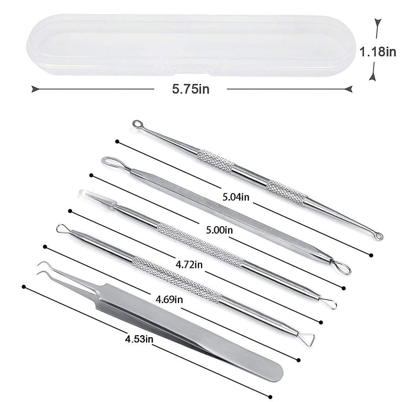 [Australia] - 5PCS Blackhead Remover Tool Set Acne Extractor Comedone Pimples Spot and Zit Removal Tool With Case (Silver) Silver 