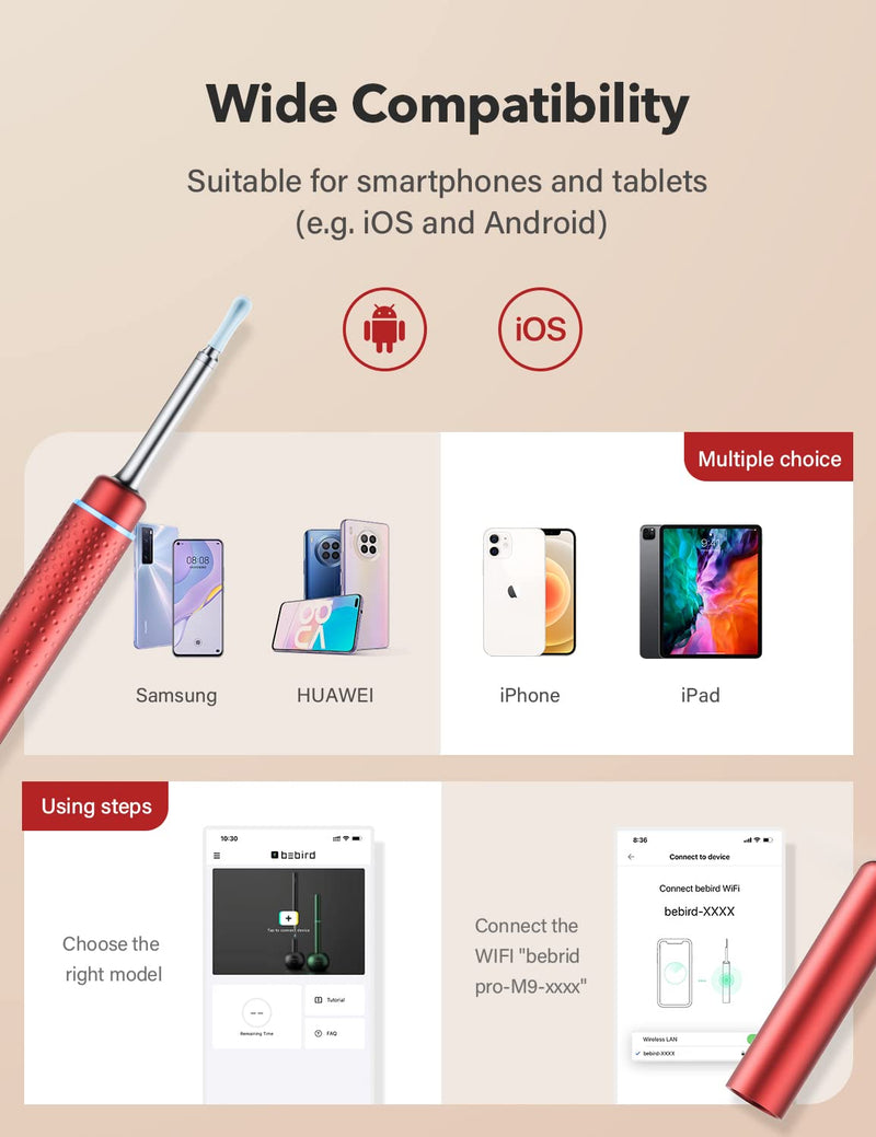 [Australia] - BEBIRDPRO Ear Wax Removal Tool Safely Cleaning Ear Canal at Home,Ear Cleaner with HD Camera and 6 LED Lights, Ear Camera and Wax Remover for iOS, Android Smart Phones M9, Red 