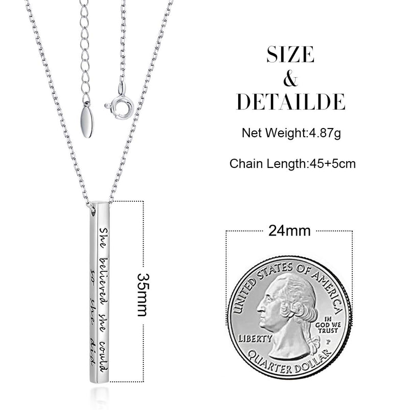 [Australia] - SIMPLGIRL Inspirational Bar Necklace for Women, 925 Sterling Silver OR 18K White Gold Plated Personalized Vertical Bar Necklaces 18"+ 2" She Believed She Could So She Did(18K white gold plated) 