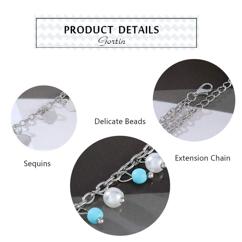 [Australia] - Gortin Double Layers Anklets Silver Boho Ankle Bracelet beaded Chain Sequins Beach Anklets Adjustable Foot Jewelry for Women and Girls 