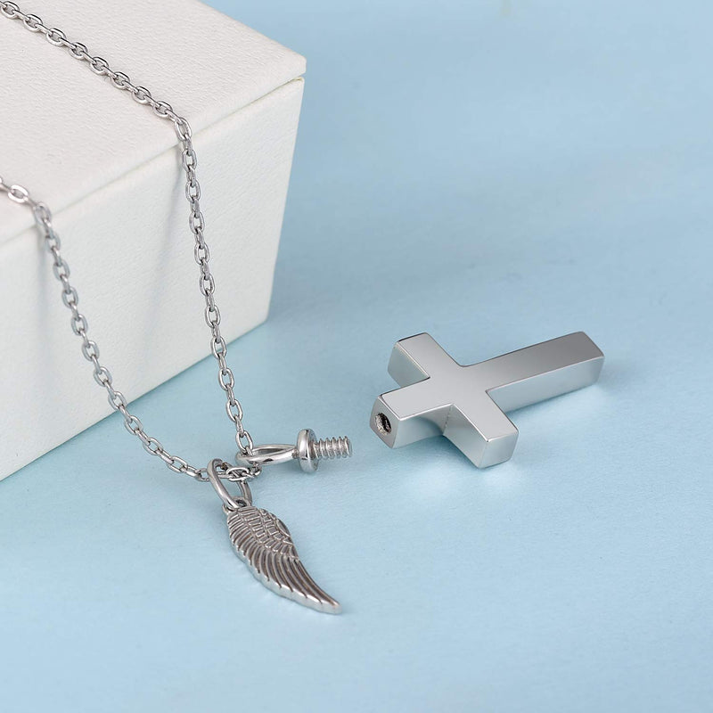 [Australia] - BEILIN S925 Sterling Silver Angel Wing Cross Cremation Jewelry Memorial Keepsake Cross Urn Necklace for Women Men 