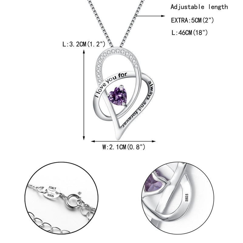 [Australia] - EVER FAITH Women's 925 Sterling Silver Zircon"I love you for always and forever" Heart Pendant Necklace Purple 