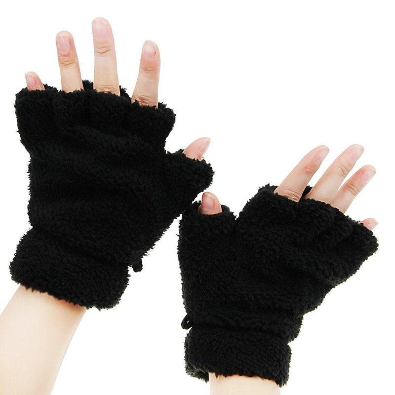 [Australia] - Women Cat Paw Fingerless Gloves Winter Ladies Girls Cute Cat Claw Plush Mittens Half Gloves Short Warm Mittens Cosy Fleece Gloves Cartoon Gloves Thermal Soft Gloves for Cosply Gift Black 