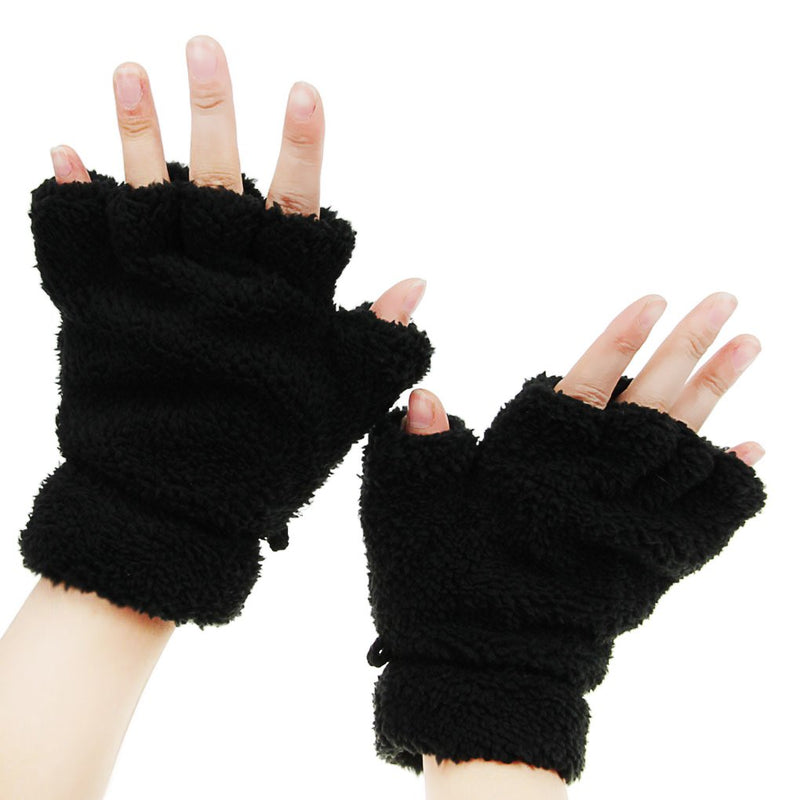 [Australia] - Starsource Cat Claw Paw Winter Plush Half Finger Gloves Mitten For Girls Black 