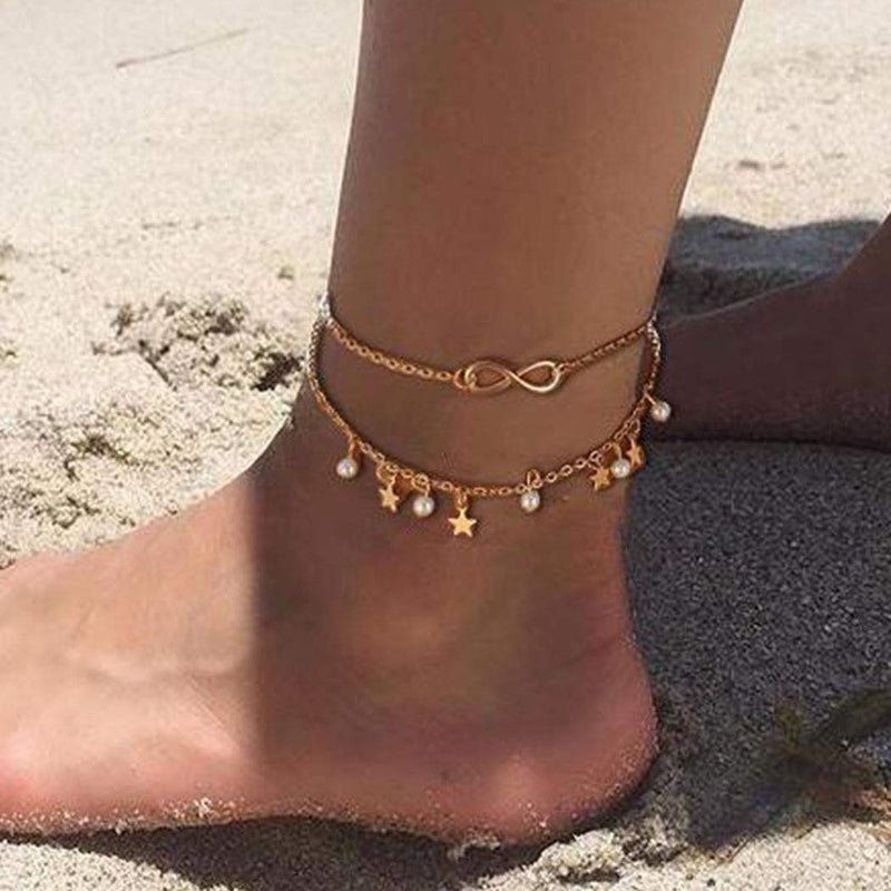 [Australia] - Ludress Boho Layered Anklets Gold Star Ankle Chain Pearl Ankle Bracelet Tassel Foot Chain Jewelry Accessories for Women and Girls 