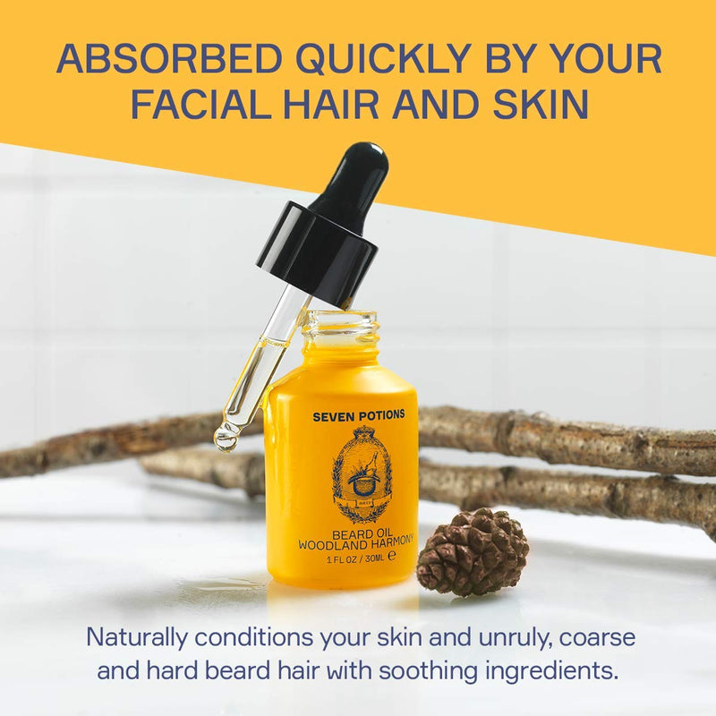 [Australia] - Seven Potions Premium Beard Oil for Men — Jojoba Oil Beard Softener to Nourish Skin, Hair, and Stop Beard Itch — All-Natural, Vegan, Cruelty Free — Woodland Harmony Scent (30ml) Amber 