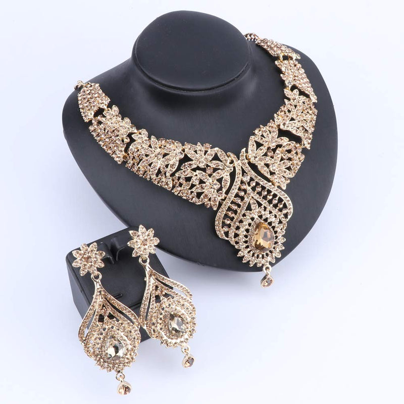 [Australia] - Women's Elegant Austrian Crystal Statement Necklace Earrings Jewelry Set for Wedding Dress and Boxes Champagne 