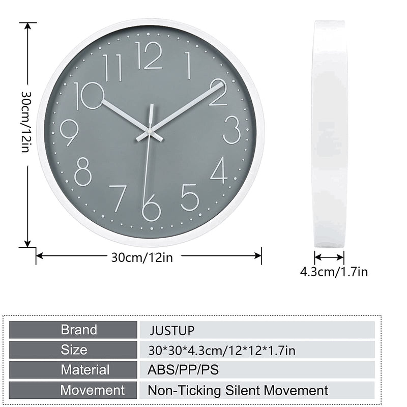 [Australia] - 12in Non-Ticking Wall Clock, JUSTUP Silent Battery Operated Wall Clock with ABS Frame HD Glass Cover for Kids Living Room Bedroom Kitchen School Office Decor (Gray) Gray 