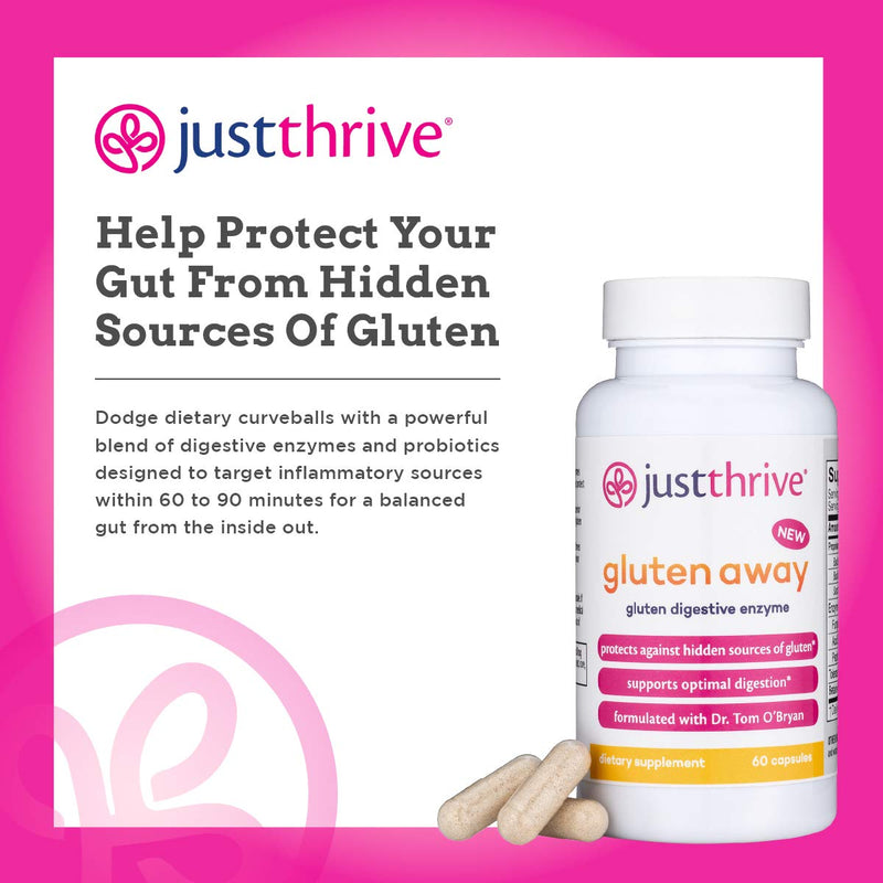 [Australia] - Just Thrive: Gluten Away - Vegan Digestive Support for Trace Gluten in Food - 60 Capsules - Unique Digestive Enzyme and Probiotic Blend - Supports Intestinal Barrier Function - Paleo and Keto 