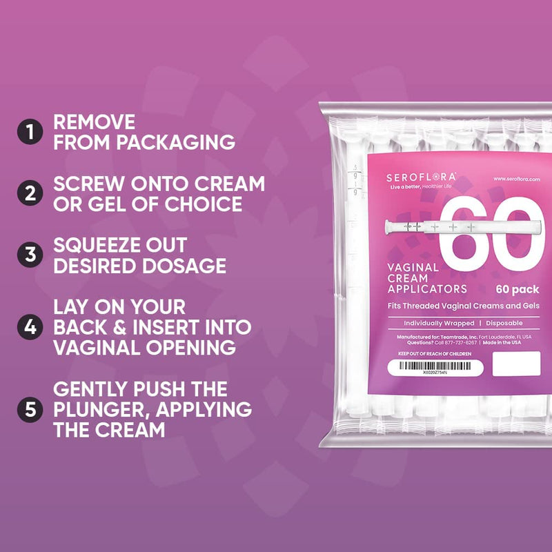 [Australia] - Seroflora Disposable Vaginal Cream Applicators - Fits Preseed, Premarin, Estrace, and Most OTC Gels, Lubricants, and Creams - Threaded End, Comfort Tip, and Dosage Markings (60 pack) 