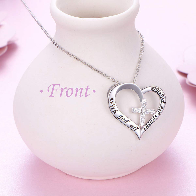 [Australia] - Sterling Silver Christian Heart Inspirational Faith Verse Pendant Necklace for Women Teen Girl Gift with god all things are possible 