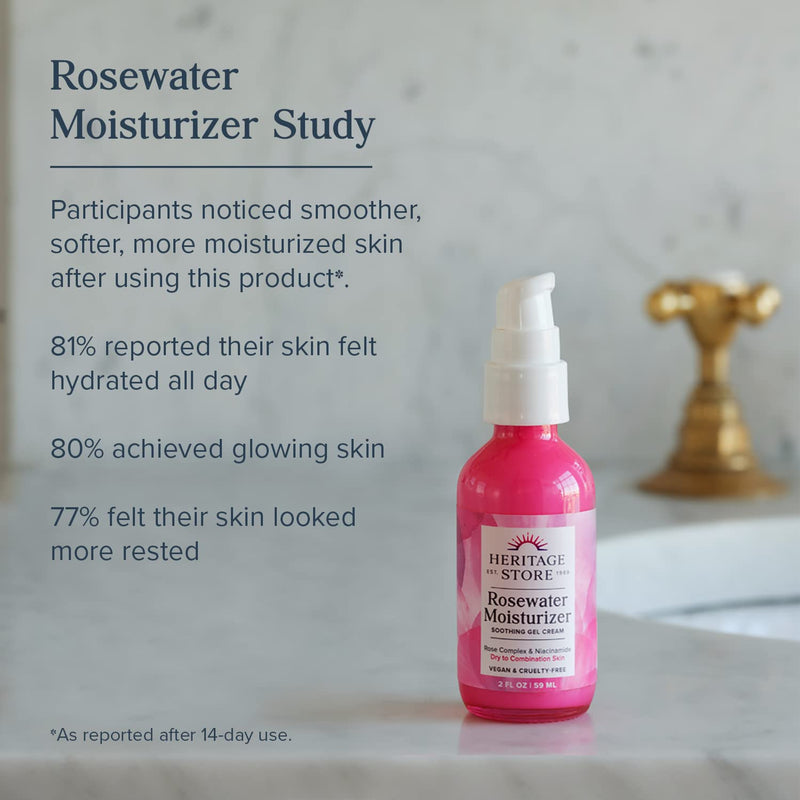 [Australia] - Heritage Store Rosewater Facial Moisturizer, Soothing Gel Cream for Dry Skin to Combination Skin, with Rose Complex, Niacinamide & Hyaluronic Acid, Vegan, Paraben Free & Cruelty Free, 2oz 