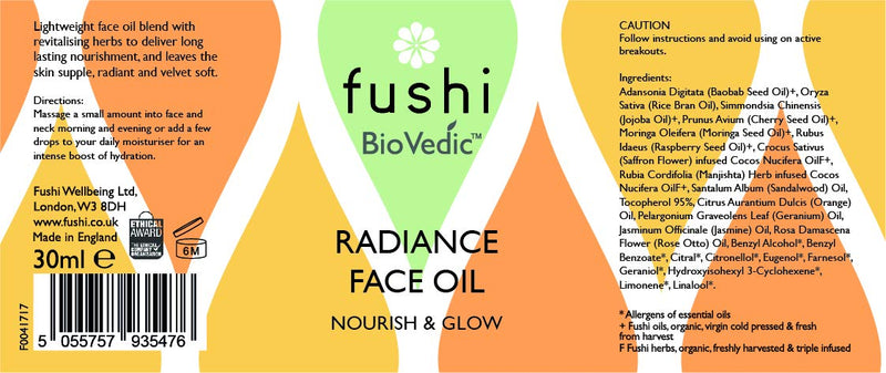 [Australia] - Fushi Biovedic Radiance Face Oil 30ml | Fresh Pressed | Ayurvedic Herb Manjisthta, Kalahari Melon Seed & Raspberry Seed | Best for Dull Skin, Fine Lines & Dry Skin Relief | Manufactured in The UK 