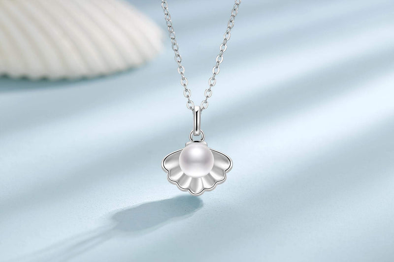 [Australia] - Presentski White Pearl Necklace for Women Girls 925 Sterling Silver Single Shell Dainty Pearl Pendant June Birthstone Necklaces Jewelry Gifts 