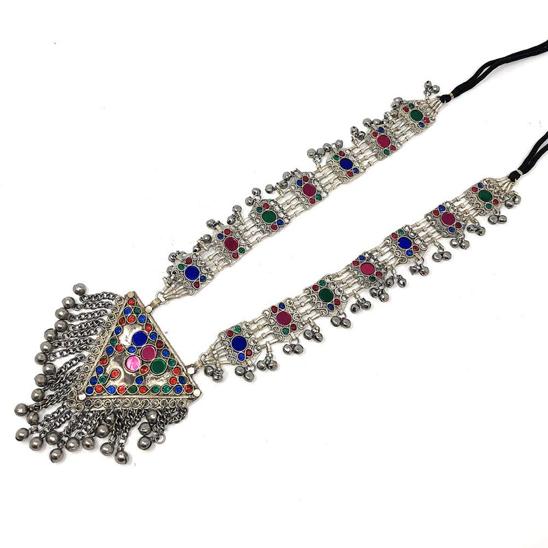 [Australia] - Afghan Tribal Baloch Long Pendant Necklace in Metal Soft Bells Multi Color Stones 