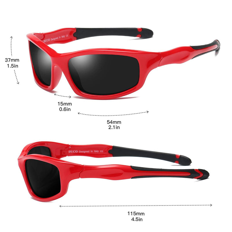 [Australia] - DUCO Kids Sunglasses Boys Sports Polarized Sunglasses Youth Sunglasses for Boys And Girls Age 3-10 K006 Red Frame Black Temple Grey Lens 2.16 Inches 