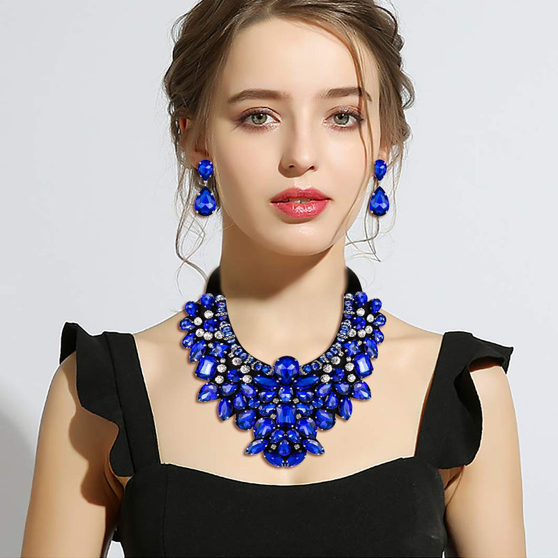 [Australia] - Flyonce Costume Jewelry for Women, 9 Colors Rhinestone Crystal Statement Necklace Earrings Set Blue 