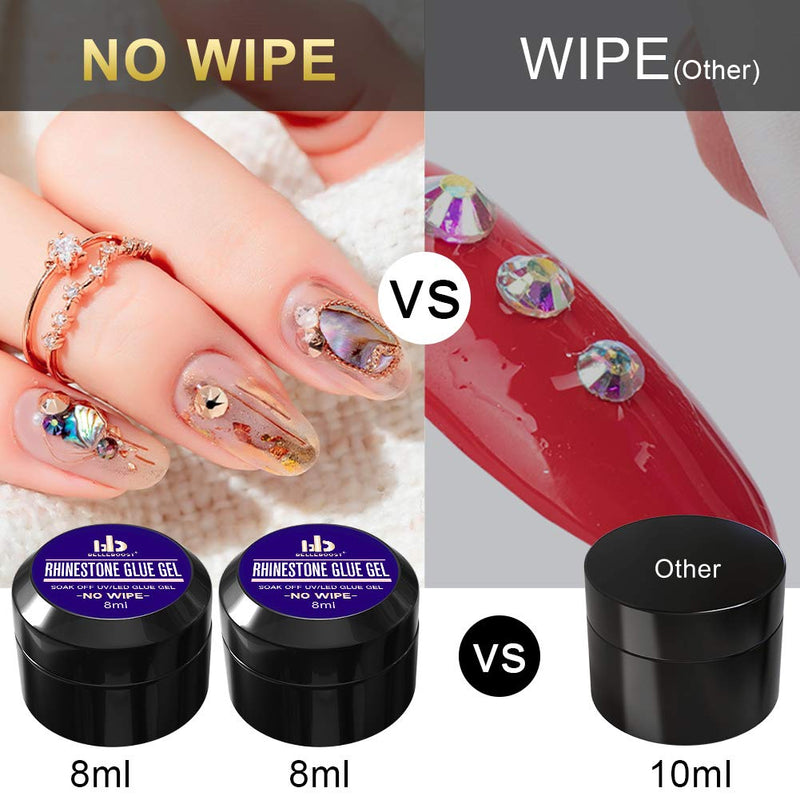 [Australia] - Nail Art 8ml×2 NO WIPE Rhinestone Glue Gel Kit(LED Light Cure Needed) Adhesive Resin Gem Stone Jewelry Beads Diamond Gel Nail Polish Clear Decoration With Nail Rhinestones(Crystal+Acrylic+Rivet)+tools 