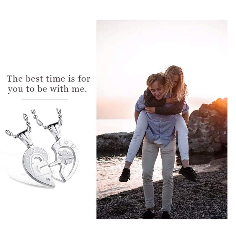 [Australia] - Stainless Steel His and Her Heart Lock Key Matching Puzzle Couples Pendant Necklace for Lovers Valentine's Day Engagement Gift A pair of silver & silver 