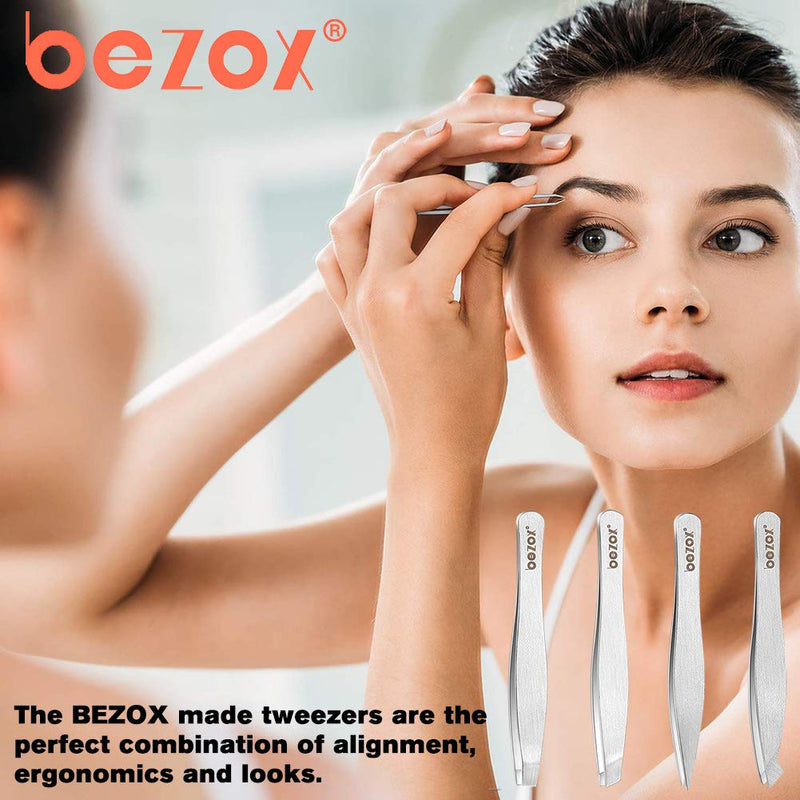 [Australia] - BEZOX Mini Tweezers Set,4 PCS Precise Eyebrow Tweezer Stainless Steel - W/Metal Storage Box 