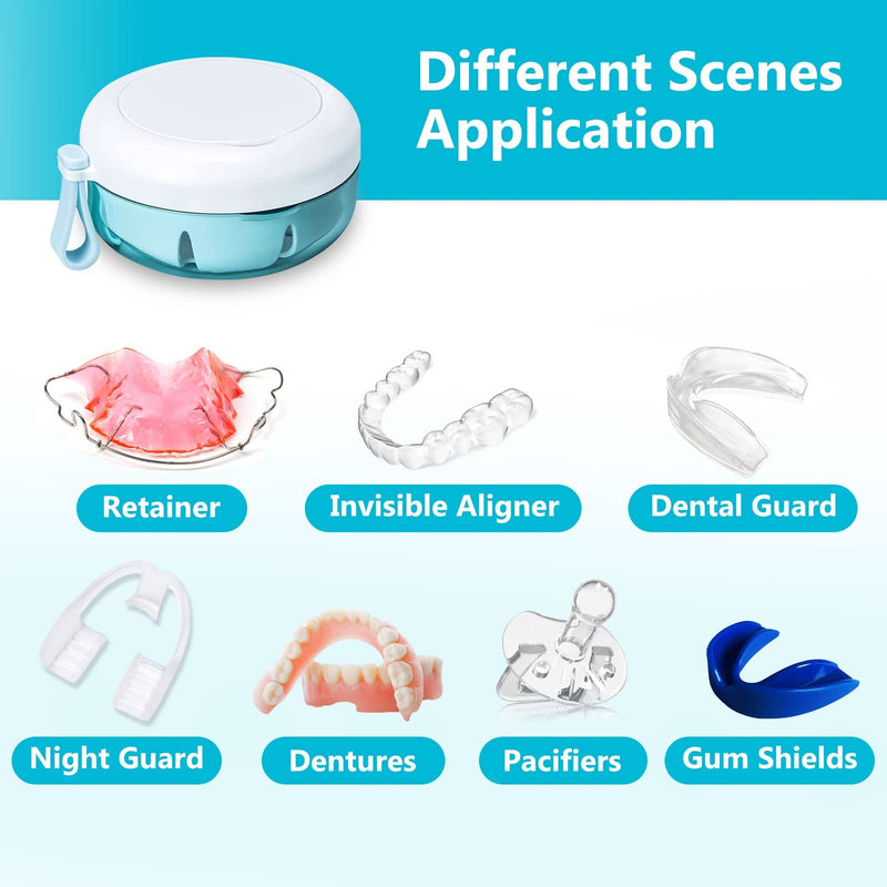 [Australia] - Okcnoupp Dental Retainer Case, Denture Cleaning Box with Strainer & Mirror (Free Chewer + Braces Extractor + Brush), Suitable for Removable Braces Storage Soaking Cleaning Round 