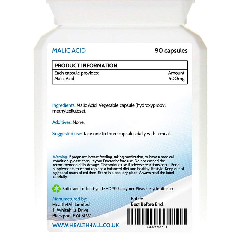 [Australia] - Malic Acid 500mg 90 Capsules (V) . for Liver, Gallbladder, Energy, Metabolism and Skin. Vegan. Made in The UK by Health4All. 90 Count (Pack of 1) 