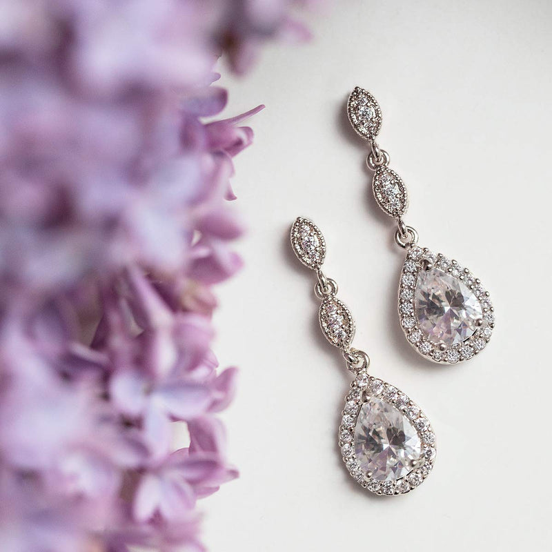 [Australia] - A+O Elegant Teardrop Cubic Zirconia Crystal Earrings in Silver, Gold, Rose Gold Set - Silver 