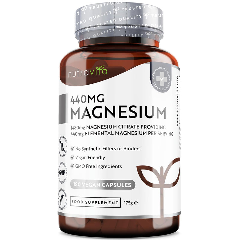 [Australia] - Super Strength 1480mg � 180 Vegan Magnesium Citrate Capsules not Magnesium Tablets � High Absorption, Premium Magnesium Supplements � 90 Days Supply � Made in The UK by Nutravita 