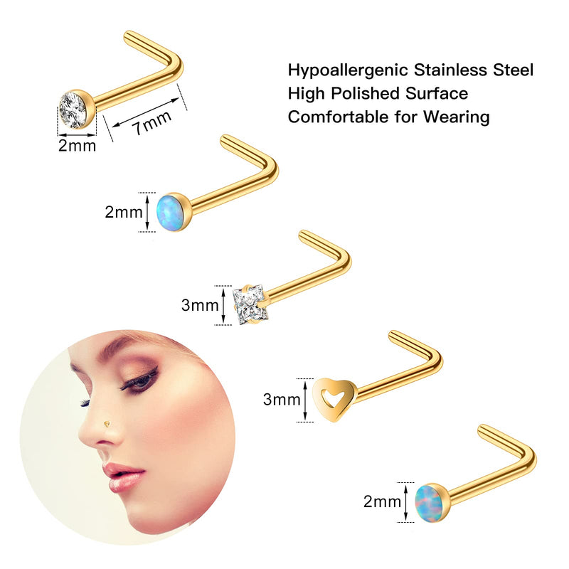 [Australia] - ONESING 51 Pcs 20G Nose Rings for Women Nose Piercings Jewelry Nose Rings Hoop Nose Studs CZ L Shaped Screw Stainless Steel for Women Men Gold 
