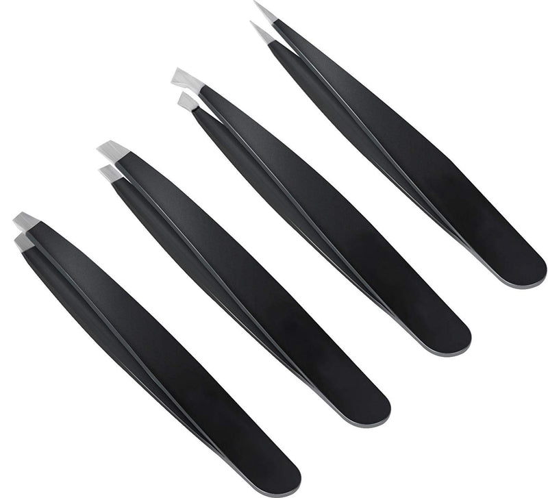 [Australia] - Tweezers Set of 5, KINGMAS Stainless Steel Eyebrow Tweezer Scissors Set with Travel Case for Brow Facial/Ingrown Hair, Splinter (Black) Black 