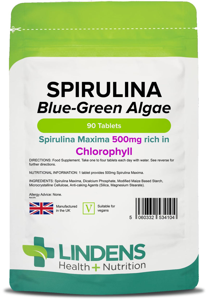 [Australia] - Lindens Spirulina 500mg Tablets - 90 Pack - Spirulina Maxima is A Blue-Green Algae, Rich in Chlorophyll and Well Renowned Superfood - UK Manufacturer, Letterbox Friendly 