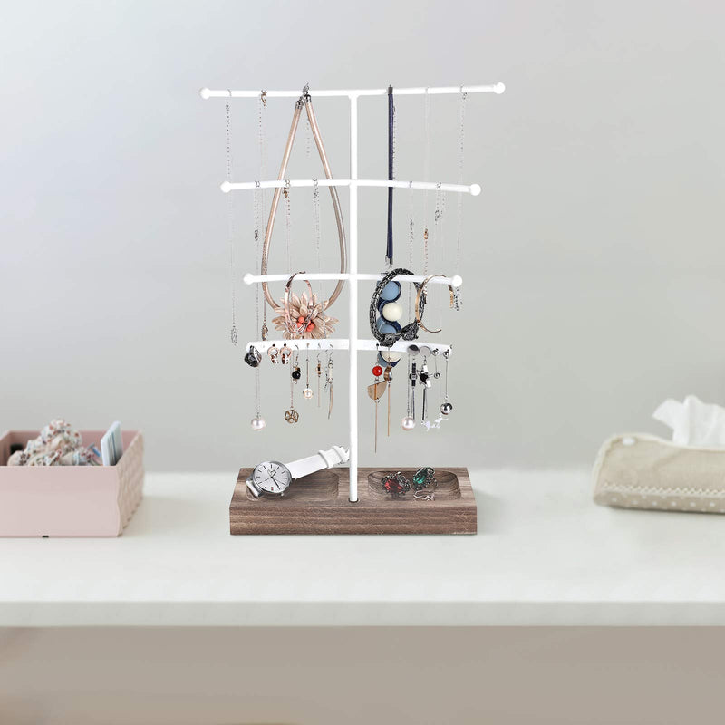 [Australia] - Urban Deco Arc Jewelry Holder— 4 Tier Jewelry Organizer Stand With White Coated Wood and Brown Tray For Girls And Women To Organize Necklace, Earrings, Bracelet, Ring, Watch And Hair Tie. 