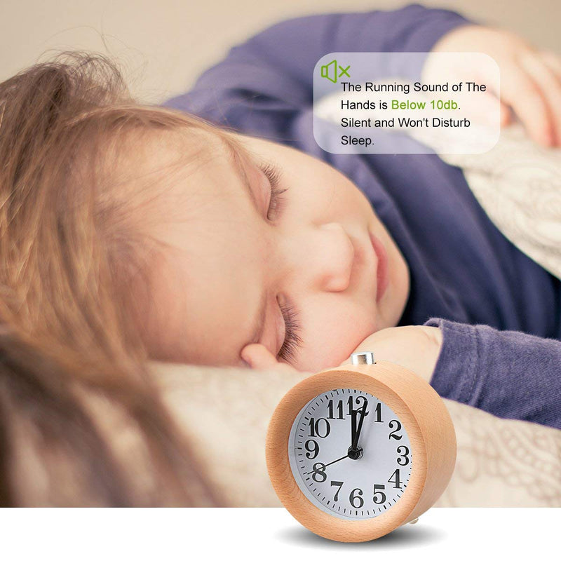 [Australia] - ECVISION Handmade Classic Small Round Silent table Snooze beech Wood Alarm Clock with nightlight Light Woodgrain 