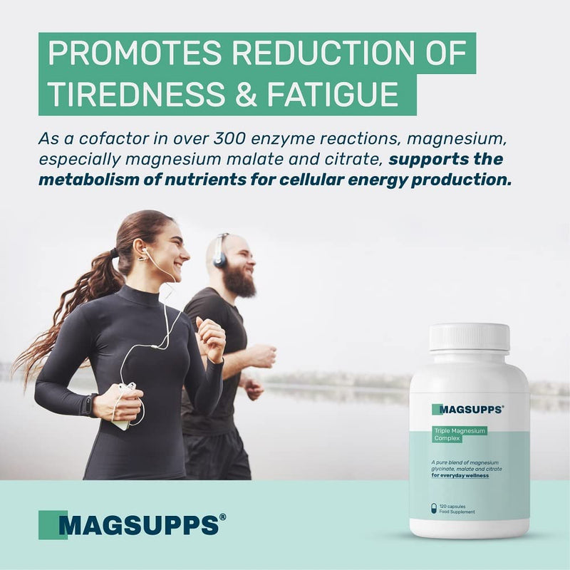 [Australia] - MAGSUPPS Triple Magnesium Complex - 300mg of Pure Magnesium Glycinate, Malate, & Citrate for Muscles, Sleep, Calm, & Energy - 40 Servings - 120 Capsules - UK Made - No Fillers 