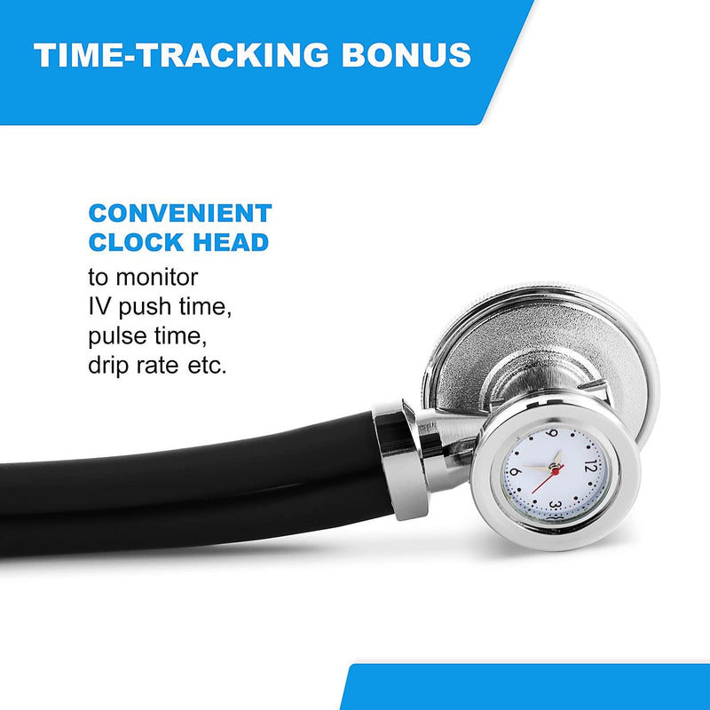 [Australia] - Primacare DS-9298 Black Medical Clock Stethoscope with Analog Watch, 22" Tubing Convertible Regular Sprague Rappaport Stethoscopes, First Aid Emergency Essential Kits with Headset 