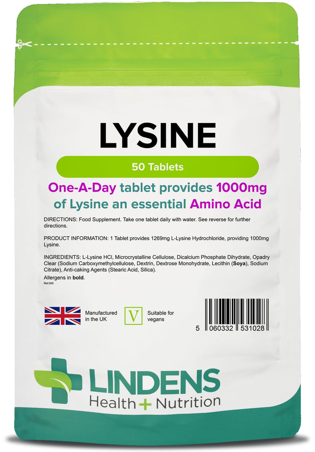 [Australia] - Lindens Lysine 1000mg Tablets - 50 Pack - Each Tablet Yields 1000mg Free-Form Lysine in A Convenient One-a-Day Tablet - UK Manufacturer, Letterbox Friendly 