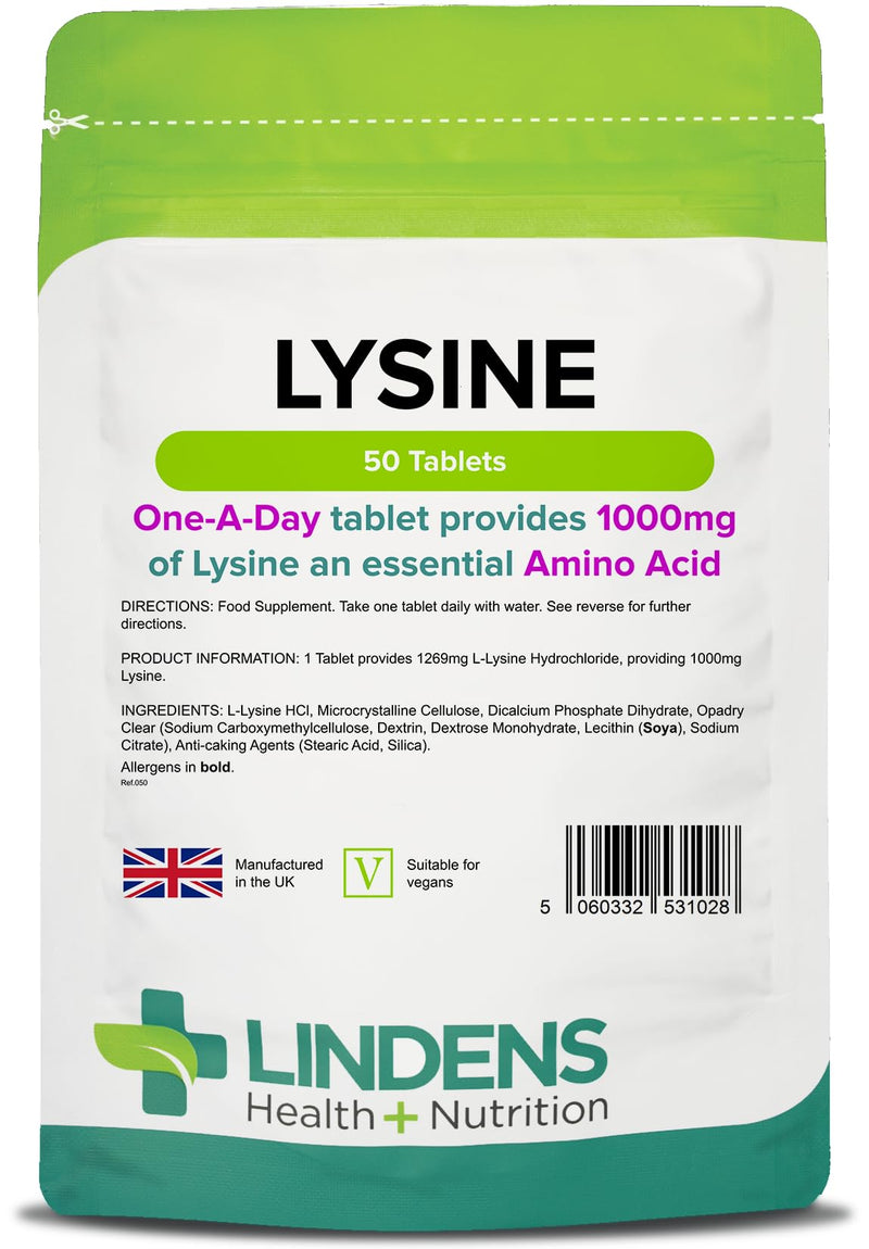 [Australia] - Lindens Lysine 1000mg Tablets - 50 Pack - Each Tablet Yields 1000mg Free-Form Lysine in A Convenient One-a-Day Tablet - UK Manufacturer, Letterbox Friendly 