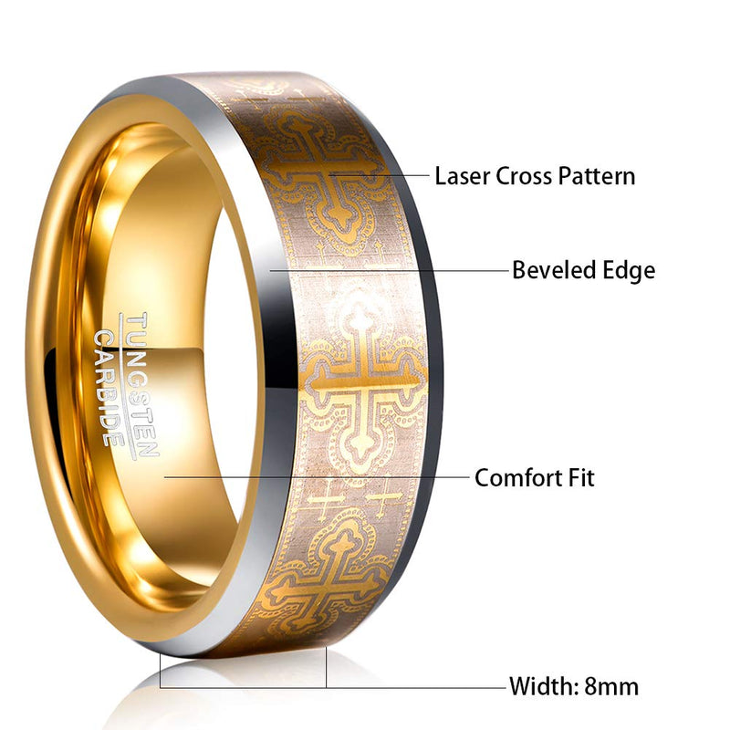 [Australia] - MEILING LINGMEI Silver and Gold Tungsten Carbide Ring for Men Women Laser Cross Pattern Comfort Fit Wedding Band Beveled Edges Size 10 