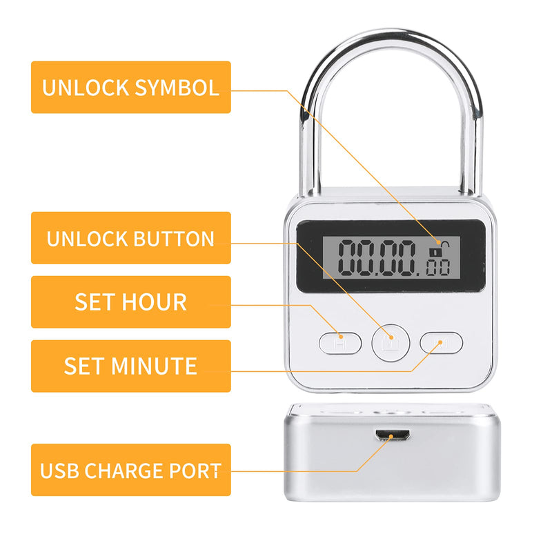 [Australia] - Brynnl Smart Time Lock 99 Hours Max Timing Lock with LCD Display USB Rechargeable Security Padlock Heavy Duty Metal Electronic Timer Lock (Silver) Silver 