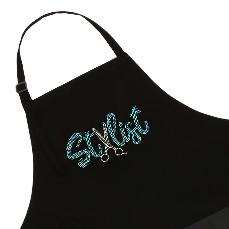 [Australia] - Black Hair Stylist Salon Bib Apron With Teal Rhinestone Scissor Design For Cosmetologist or at Home Hair Cutting, 3 Pockets Long Ties and Adjustable Neck, Teal Black 