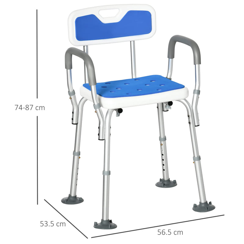 [Australia] - HOMCOM EVA Padded Shower Chair for the Elderly and Disabled, Height Adjustable Shower Stool with Back and Arms, 4 Suction Foot Pads, Blue 