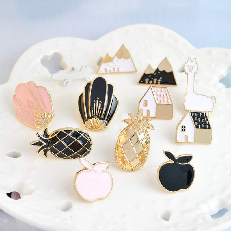 [Australia] - MJartoria 12PCS Car Flamingo Alpaca Pineapple Novelty Cartoon Enamel Brooch Pin Set for Backpack(black 12pcs) 