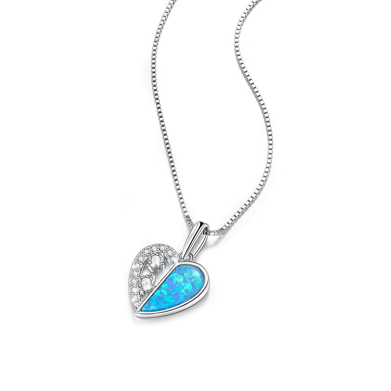 [Australia] - VANLAMS Opal Necklace for Women Sterling Silver Created Opal Birthstone Love Heart Pendant Necklace Gifts for Girls CZ & Blue 