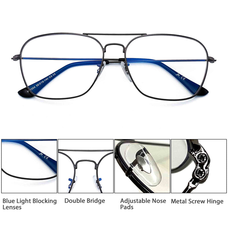 [Australia] - JM Blue Light Blocking Gaming Glasses Square UV400 Protection Metal Computer Eyeglasses Anti Glare Eye Strain Men Women Gunmetal Frame Black Temple Tips 