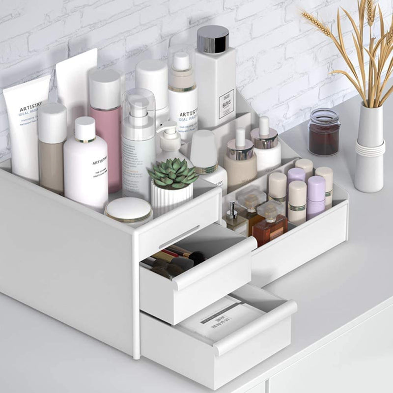 [Australia] - Makeup Desk Organizer With Drawers — Countertop Organizer for Cosmetics, Vanity Holder for Lipstick, Brushes, Lotions, Eyeshadow, Nail Polish and Jewelry (White) White 