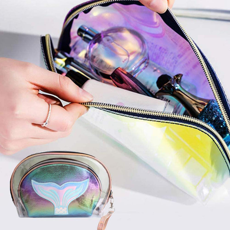 [Australia] - Cosmetic Bag Set Holographic Makeup Bag For Women Toiletry Travel Bag Makeup Organizer Cosmetic Bag For Girls Zippered Pouch Set Large Medium (Includes 1 Fishtail Keychain) 