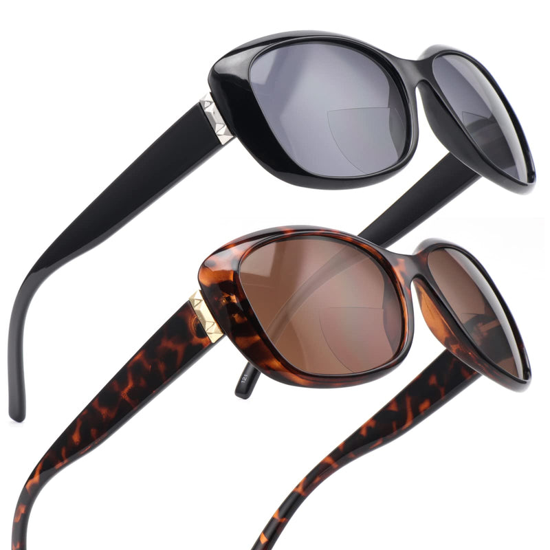 [Australia] - Superior Bifocal Reading Sunglasses for Women, Kisdate Sun Readers Ladies Shades 1 Black & 1 Tortoise 1.5 Diopters 